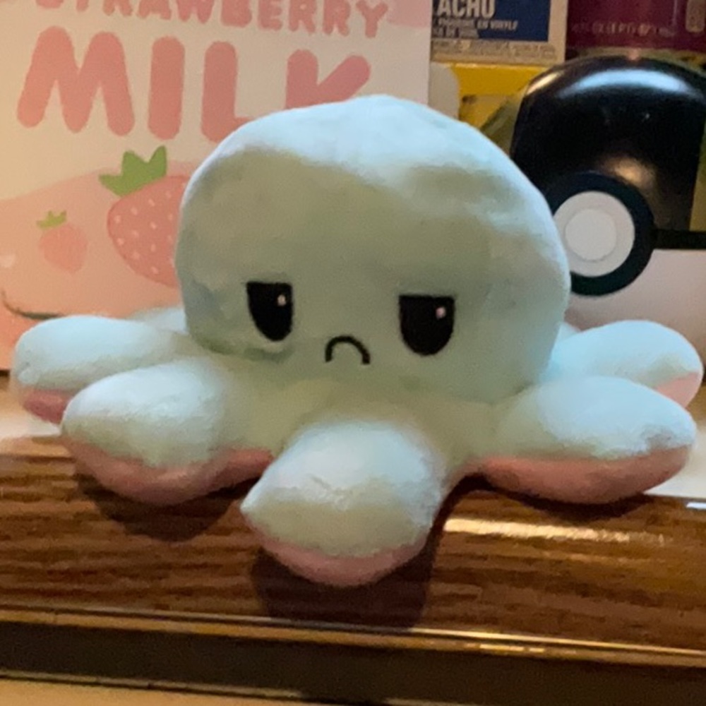 Reversible flippy octopus plushy toy cute pink and blue reverse mad happy